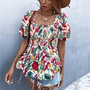 Tropical Print Shirred Milkmaid Blouse